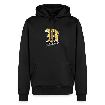 BERLIN City Letter Design – Bold, Vibrant, Unforge - Männer Premium Bio Hoodie - Schwarz - Vorne - Nico (187cm)