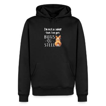 Petits pains d’acier Corgi Jeu de mots - Sweat à capuche Premium bio Homme - noir - Devant - Nico (187cm)