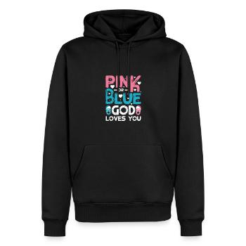 Le dieu rose ou bleu t’aime - Sweat à capuche Premium bio Homme - noir - Devant - Nico (187cm)