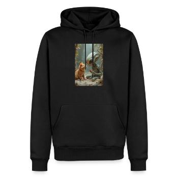 Außerirdische Kreatur mit Katzengefährte - Männer Premium Bio Hoodie - Schwarz - Vorne - Nico (187cm)
