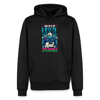 Funny Gamer 10th Birthday Boy Teen Gamer Level 10 - Men’s Premium Organic Hoodie - black - Front - Nico (187cm)