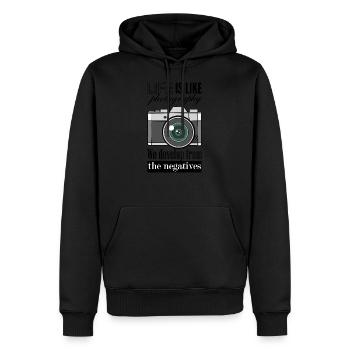 Life Is Like Photography We Develop From Negatives - Men’s Premium Organic Hoodie - black - Front - Nico (187cm)