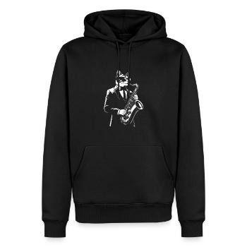 Katze in Suiteund schwarze Brille, die Saxophon spielt - Männer Premium Bio Hoodie - Schwarz - Vorne - Nico (187cm)