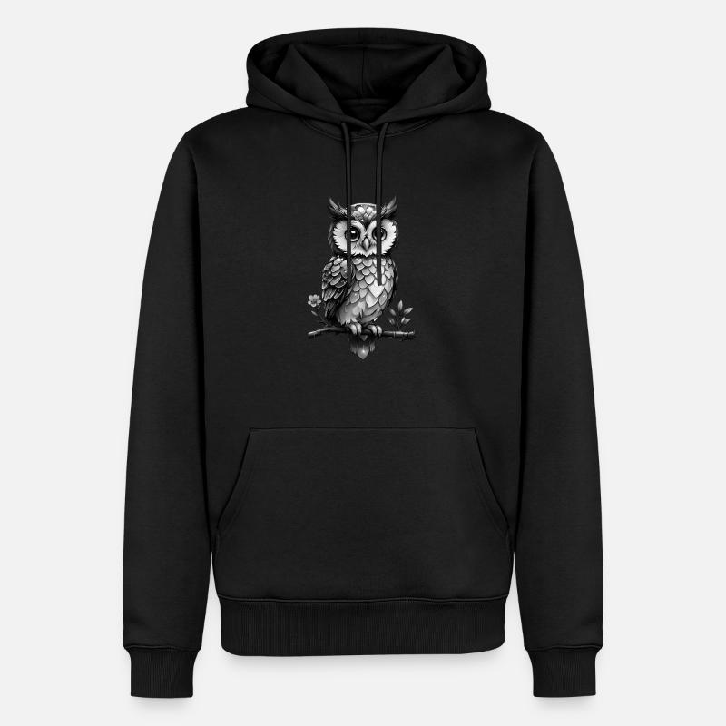 Eule auf einem blühenden Ast - schwarz weiß - Männer Premium Bio Hoodie - Schwarz