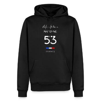 Das Leben ist besser MAYENNE 53 Pays de la Loire - Männer Premium Bio Hoodie - Schwarz - Vorne - Nico (187cm)