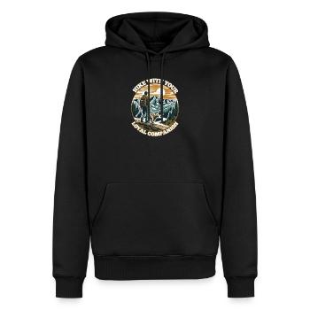 WANDERN SIE MIT IHREM TREUEN BEGLEITER - Männer Premium Bio Hoodie - Schwarz - Vorne - Nico (187cm)