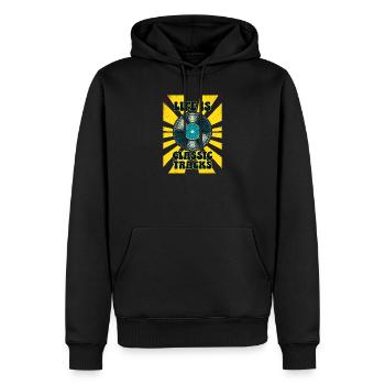 LIFE IS CLASSIC TRACKS Retro 70er Jahre Vinyl - Männer Premium Bio Hoodie - Schwarz - Vorne - Nico (187cm)