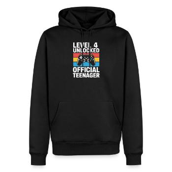 Anniversaire de joueur de niveau 4 débloqué - Sweat à capuche Premium bio Homme - noir - Devant - Nico (187cm)