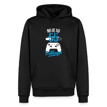 Anniversaire 55 ans - Niveau 55 débloqué - Gamer - Sweat à capuche Premium bio Homme - noir - Devant - Nico (187cm)