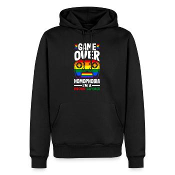 Jeu sur l’homophobie - Je suis un fier gaymer - Sweat à capuche Premium bio Homme - noir - Devant - Nico (187cm)
