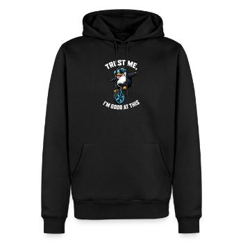 Cooler Pinguin auf Einrad mit Spruch - Männer Premium Bio Hoodie - Schwarz - Vorne - Nico (187cm)