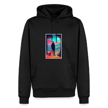 Entdecker mit Katze - Männer Premium Bio Hoodie - Schwarz - Vorne - Nico (187cm)