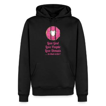 Liebt Gott, liebt Menschen, liebt Donuts ... In diesem Ord - Männer Premium Bio Hoodie - Schwarz - Vorne - Nico (187cm)