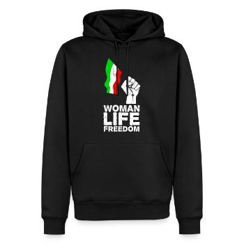 Woman, Life, Freedom | Free Iran! | Mit Flagge - Männer Premium Bio Hoodie - Schwarz - Vorne - Nico (187cm)