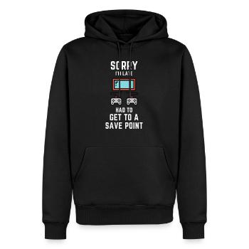 SORRY, I'M LATE! HAD TO GET TO A SAVE POINT - Männer Premium Bio Hoodie - Schwarz - Vorne - Nico (187cm)