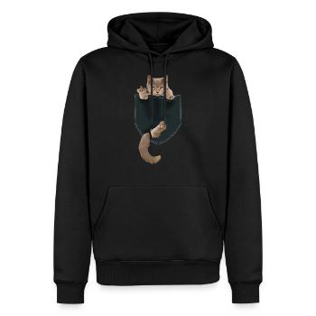 Lustige Katze in Tasche zeigt Mittelfinger - Männer Premium Bio Hoodie - Schwarz - Vorne - Nico (187cm)