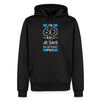 Anniversaire 60 ans - J'ai 60 ans je sais - Sweat à capuche Premium bio Homme - noir - Devant - Nico (187cm)