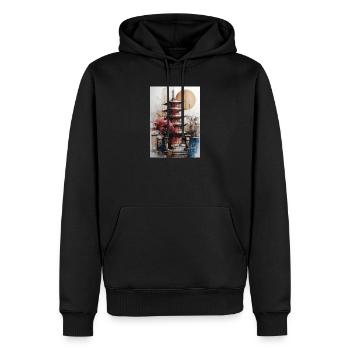 Zen-Sonne-Aquarellpagode - Männer Premium Bio Hoodie - Schwarz - Vorne - Nico (187cm)