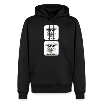Schaf Unschaf - Wortspiel mit unscharf und Schaf - Männer Premium Bio Hoodie - Schwarz - Vorne - Nico (187cm)