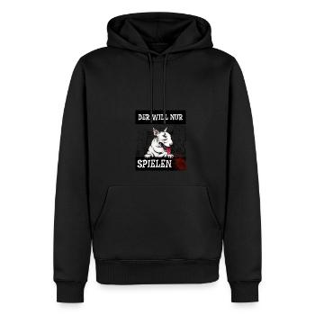 Bullterrier - Der will nur spielen - Männer Premium Bio Hoodie - Schwarz - Vorne - Nico (187cm)
