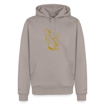 Hiéroglyphes Bastet - motif or by Fregyptologist - Sweat à capuche Premium bio Homme - taupe - Devant - Nico (187cm)