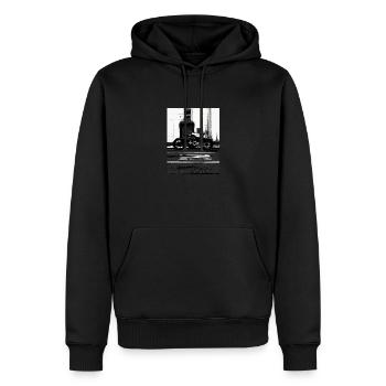 Photo urbaine en noir et blanc à moto - Sweat à capuche Premium bio Homme - noir - Devant - Nico (187cm)