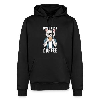 But First Coffee - Coffee Drinking Cat - Men’s Premium Organic Hoodie - black - Front - Nico (187cm)