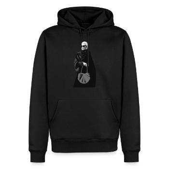 Eine stilvolle Frau in Schwarz mit einer Handtasche - Männer Premium Bio Hoodie - Schwarz - Vorne - Nico (187cm)