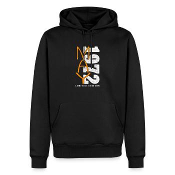 Mai 1972 - Sweat à capuche Premium bio Homme - noir - Devant - Nico (187cm)