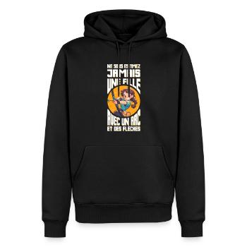 Humour Archère Aventurière Tir à l'Arc - Sweat à capuche Premium bio Homme - noir - Devant - Nico (187cm)