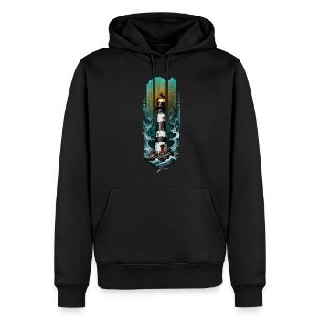 Guiding Light : Phare au milieu des vagues de la mer - Sweat à capuche Premium bio Homme - noir - Devant - Nico (187cm)