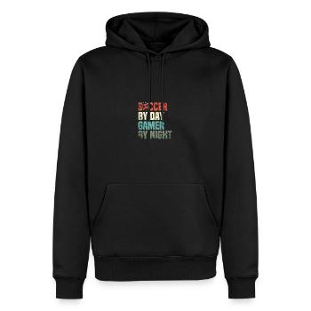 Funny Soccer By Day Gamer By Night Gamer - Men’s Premium Organic Hoodie - black - Front - Nico (187cm)