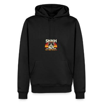Shhh I Listen To My True Crime Podcasts And Cats - Männer Premium Bio Hoodie - Schwarz - Vorne - Nico (187cm)