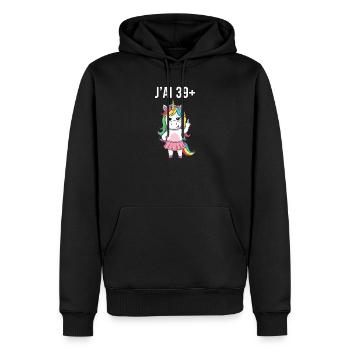 J'Ai 39 Plus 1 Licorne Humour Anniversaire Femme  - Sweat à capuche Premium bio Homme - noir - Devant - Nico (187cm)