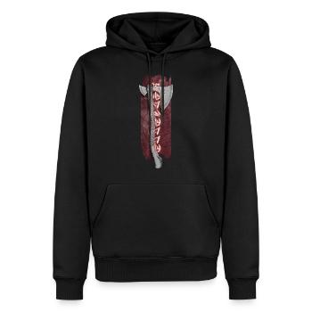 Extraterrestrial Fury: Axt mit leuchtend rotem Text - Männer Premium Bio Hoodie - Schwarz - Vorne - Nico (187cm)