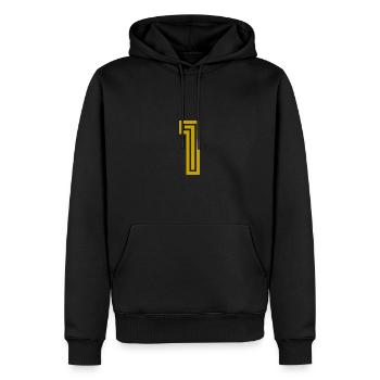 1. 1 AN. 1er ANNIVERSAIRE. ANNIVERSAIRE 1 AN - Sweat à capuche Premium bio Homme - noir - Devant - Nico (187cm)