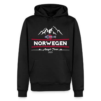 Angel Tour Norwegen 2025 - Männer Premium Bio Hoodie - Schwarz - Vorne - Nico (187cm)