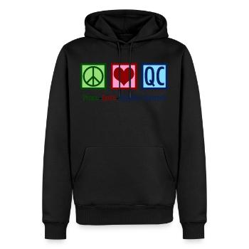 Peace Love Quality Control - Men’s Premium Organic Hoodie - black - Front - Nico (187cm)