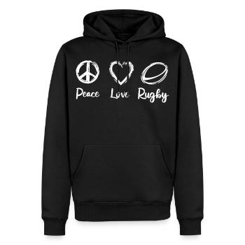 Peace Love Rugby - Sweat à capuche Premium bio Homme - noir - Devant - Nico (187cm)