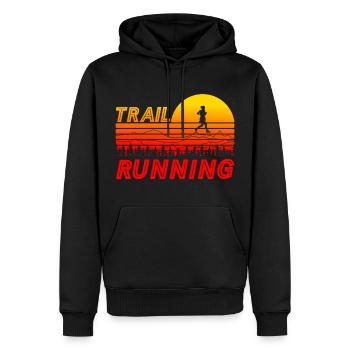 Trail Running im orange Sonnenuntergang mit Bergen - Männer Premium Bio Hoodie - Schwarz - Vorne - Nico (187cm)