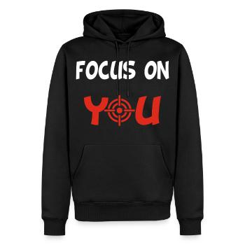 Focus on you (English and white) - Men’s Premium Organic Hoodie - black - Front - Nico (187cm)