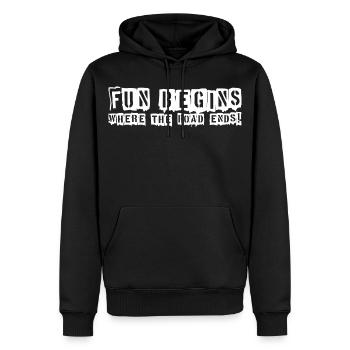 LE PLAISIR COMMENCE - LÀ OÙ LA ROUTE SE TERMINE ! - Sweat à capuche Premium bio Homme - noir - Devant - Nico (187cm)