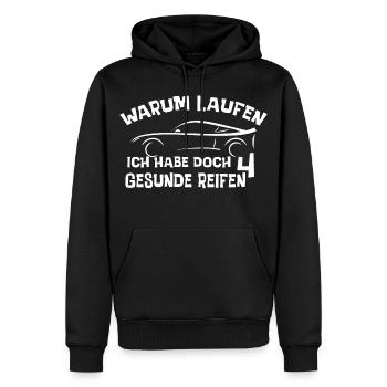 Warum laufen? Ich habe doch 4 gesunde Reifen? - Männer Premium Bio Hoodie - Schwarz - Vorne - Nico (187cm)