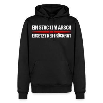 Stock im Arsch Spruch – Freches Fun Shirt - Männer Premium Bio Hoodie - Schwarz - Vorne - Nico (187cm)