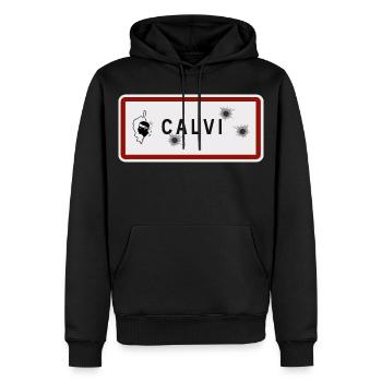Panneau d’entrée de la ville de Calvi - Sweat à capuche Premium bio Homme - noir - Devant - Nico (187cm)