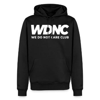 WDNC - On s’en fout Club - Sweat à capuche Premium bio Homme - noir - Devant - Nico (187cm)