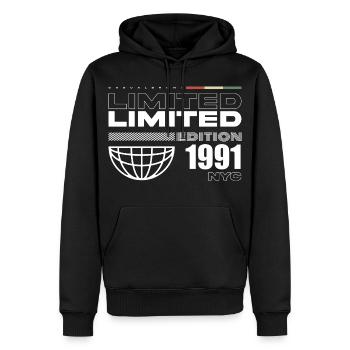 Cadeau d’anniversaire 1991 - Millésime 1991, 34e anniversaire - Sweat à capuche Premium bio Homme - noir - Devant - Nico (187cm)