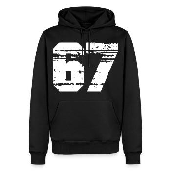 Nummer 67 in Schwarz-Weiß-Kontrast - Männer Premium Bio Hoodie - Schwarz - Vorne - Nico (187cm)