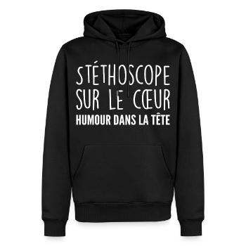 Stéthoscope au cœur, humour dans la tête - Sweat à capuche Premium bio Homme - noir - Devant - Nico (187cm)