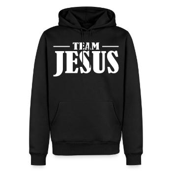 Conception du lettrage de l’équipe Jésus - Sweat à capuche Premium bio Homme - noir - Devant - Nico (187cm)